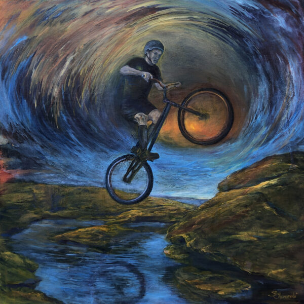 Trials biker painting by Sharon Chemacki